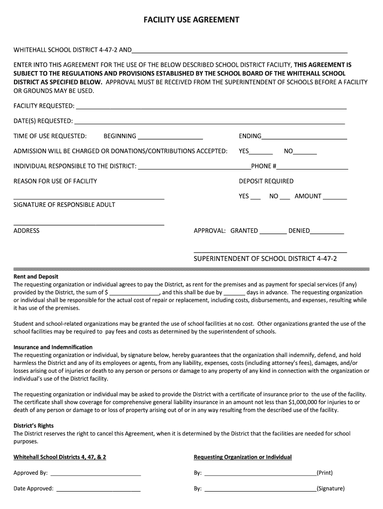 FACILITY USE AGREEMENT Whitehallschoolwirescom  Form