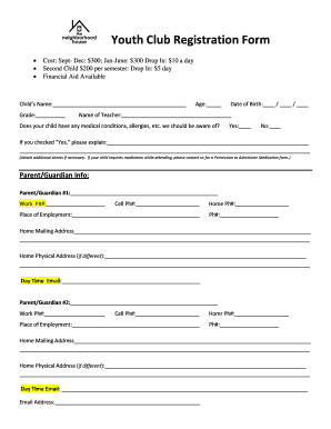 Youth Club Membership Form Template