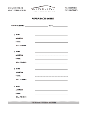 Reference Sheet for Car Dealership  Form