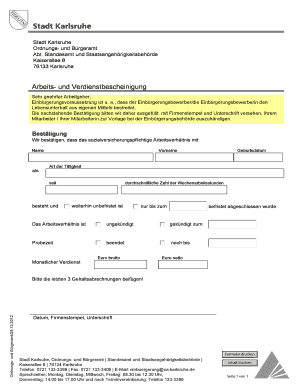 Arbeits Und Verdienstbescheinigung Karlsruhe  Form