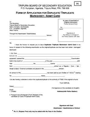 Tbse Marksheet Download  Form