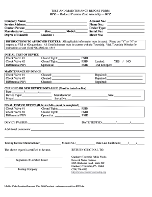 TEST and MAINTENANCE REPORT FORM RPZ Reduced Pressure Zone Assembly RPZ Company Name Service Address Contact Person Manufacturer