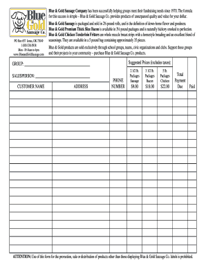 Blue and Gold Sausage Prices  Form