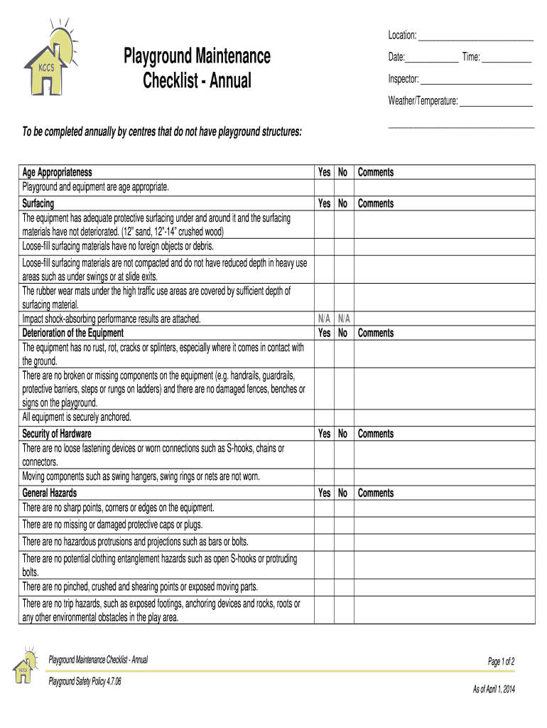 Playground Maintenance Checklist Annual  Form