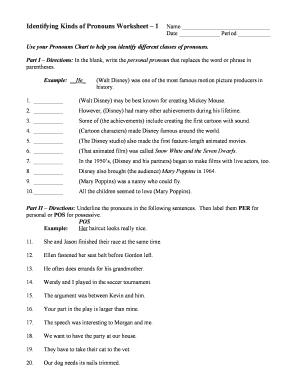 Identifying Kinds of Pronouns Worksheet 1 Answer Key  Form