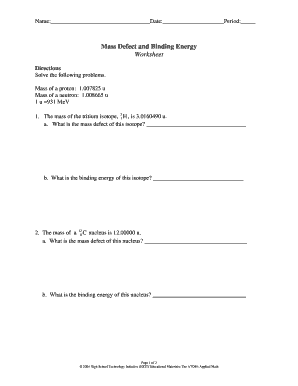 Mass Defect and Binding Energy Worksheet  Form