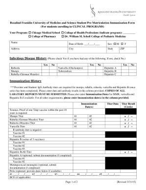 Immunization History Rosalind Franklin University Health System  Form