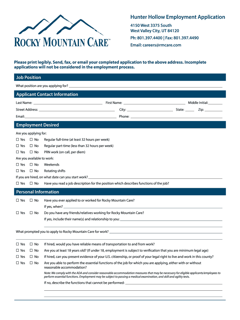 Hunter Hollow Employment Application  Hospice Amp  Form