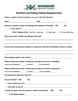 Nutrition and Eating Habits Questionnaire Please Complete This Nacmem  Form
