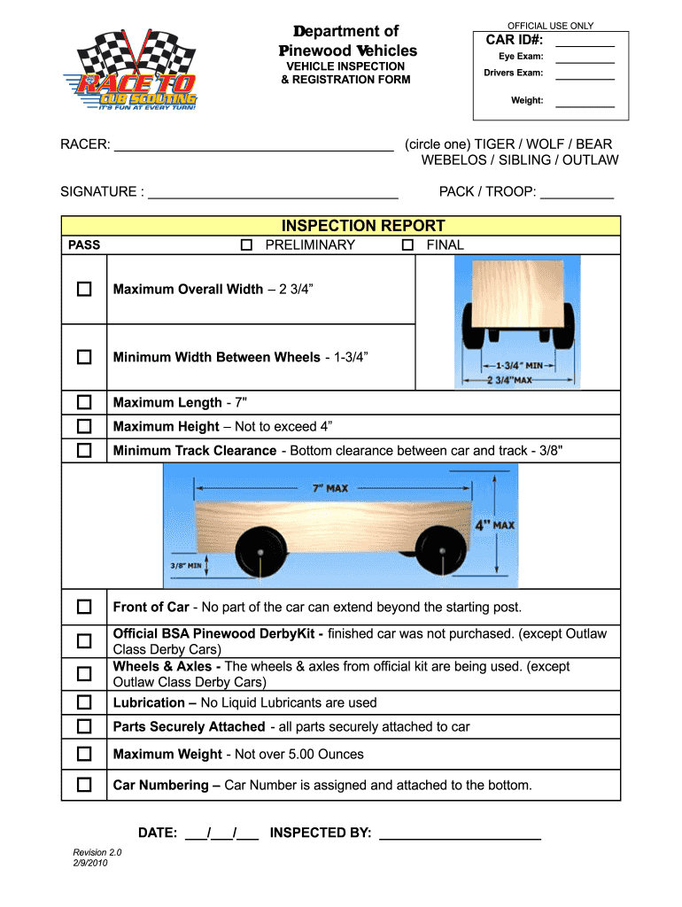 Pinewood Derby Check in Sheet  Form