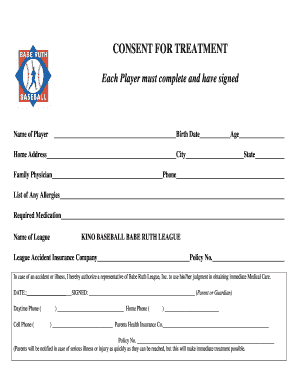 Babe Ruth League Consent for Treatment Form