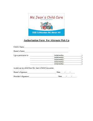 Authorization Form for Alternate Pick Up Day Care
