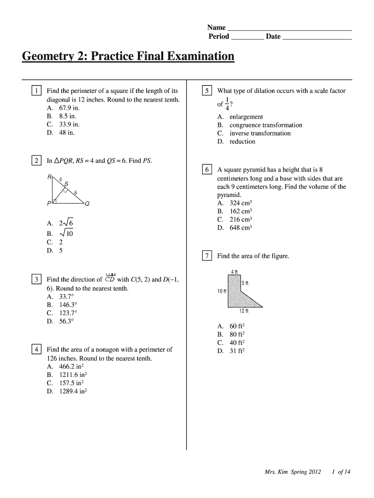  Geo 2 Practice Final Exam Spring PDF  Mrs Kim&#39;s Geometry 2012-2024