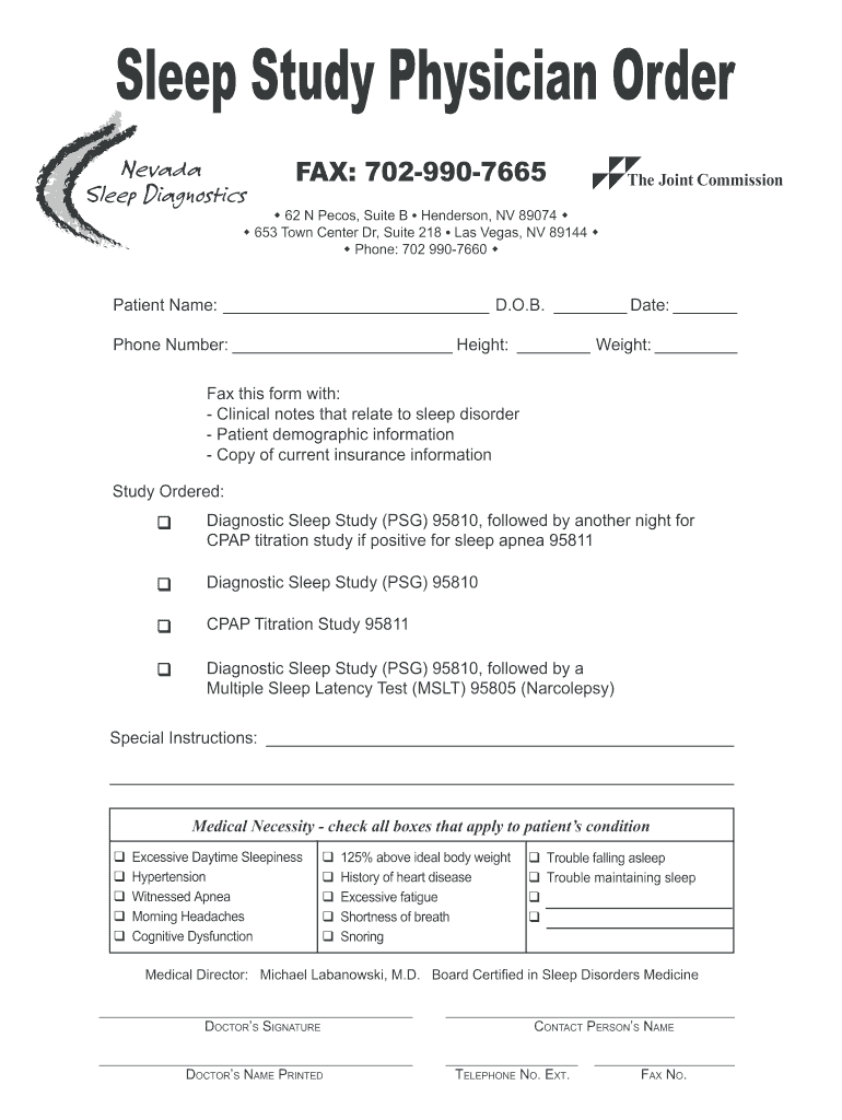 Sleep Study Physician Order  Form