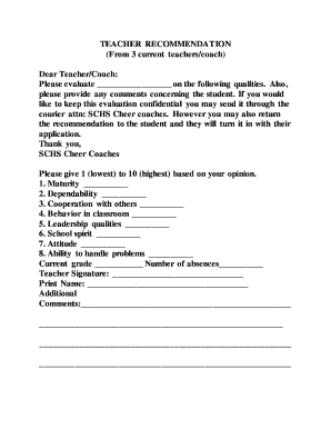 SCHS Cheer Teacher Recommendation Form PDF Sch Rcschools
