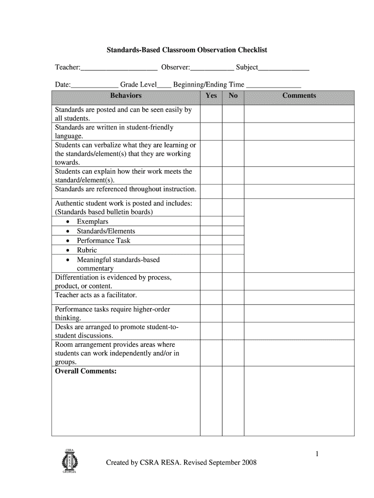 Standards Based Classroom Observation Checklist Behaviors  Form