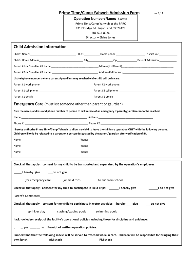 Admission Form 2 the PARC