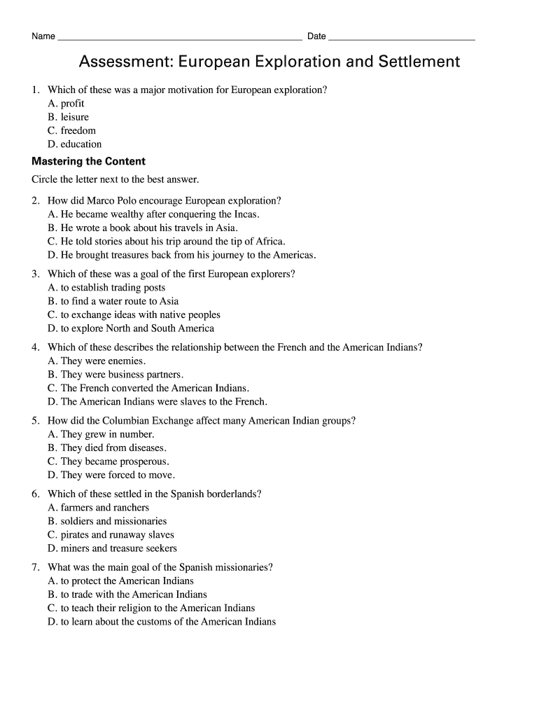 Assessment European Exploration and Settlement  Form