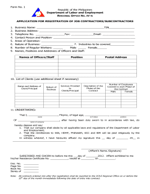 Application for Registration of Job Contractors Subcontractors  Form