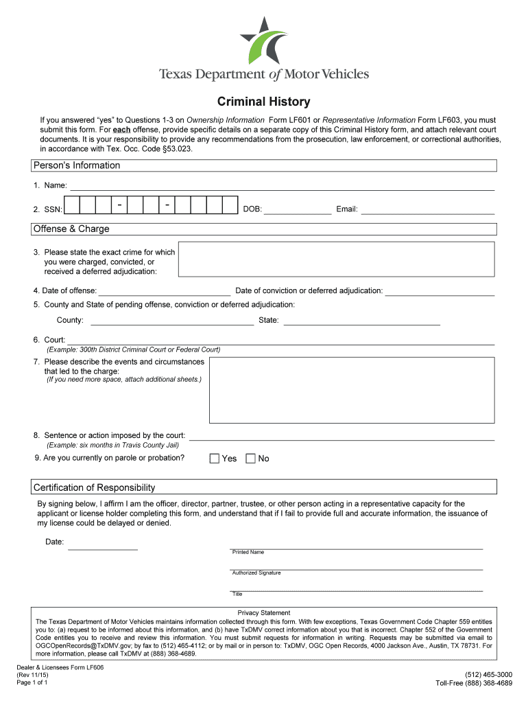 Get and Sign LF606 Criminal History  TxDMV GOV  Txdmv 2015-2022 Form