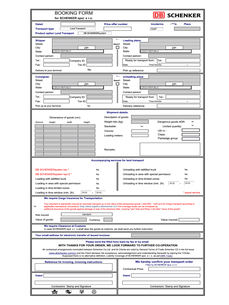 Booking Form Schenker 136 Logistics Dbschenker