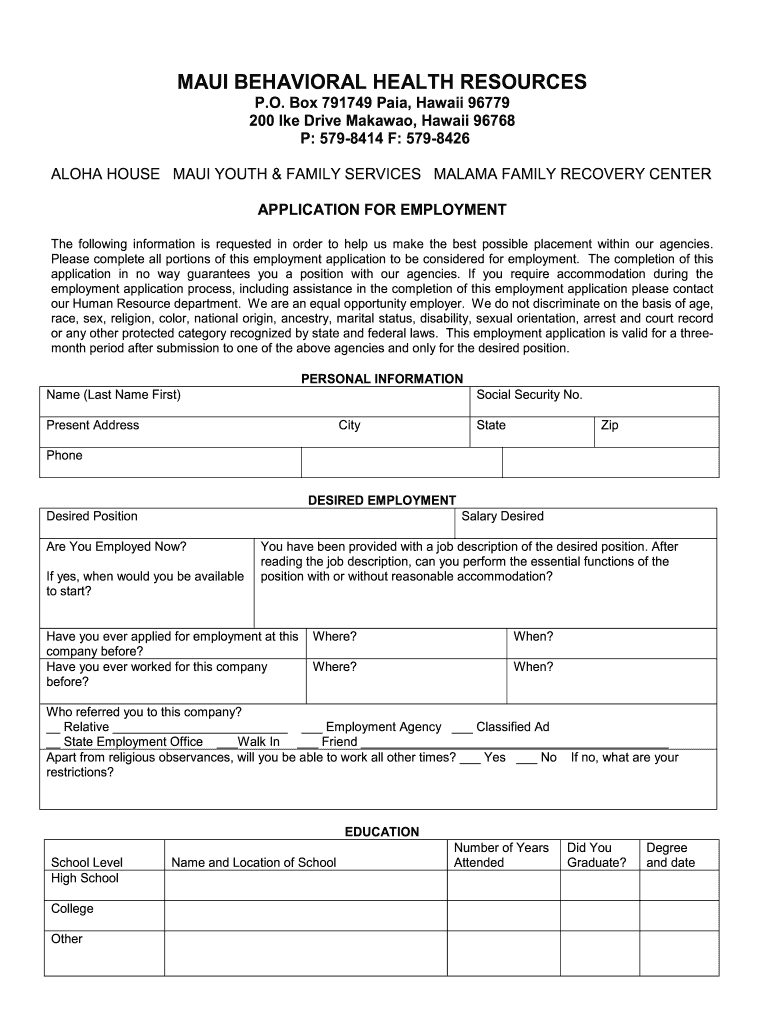 MAUI BEHAVIORAL HEALTH RESOURCES P Aloha House  Form