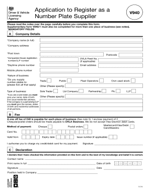 Get and Sign BV940b  Application to Register as a Number Plate Supplier  Govuk 2014 Form