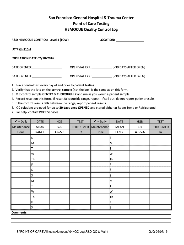  HEMOCUE Quality Control Log Sfgh Poct 2015