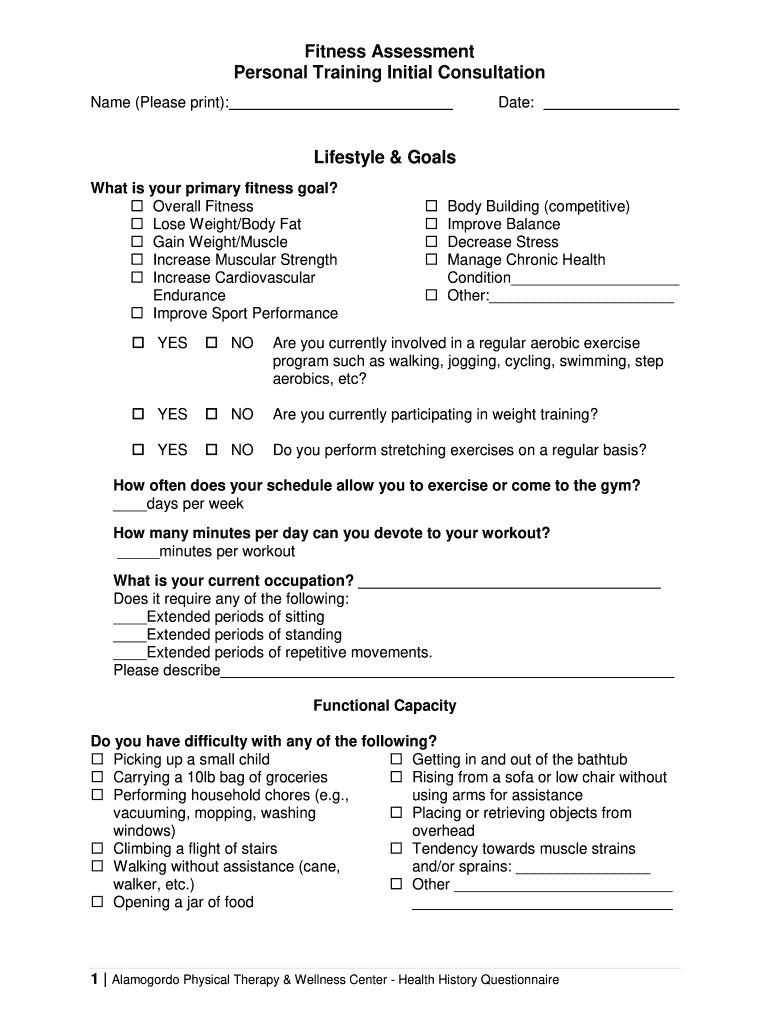 Fill in Fitness Questionnaire Template  Form