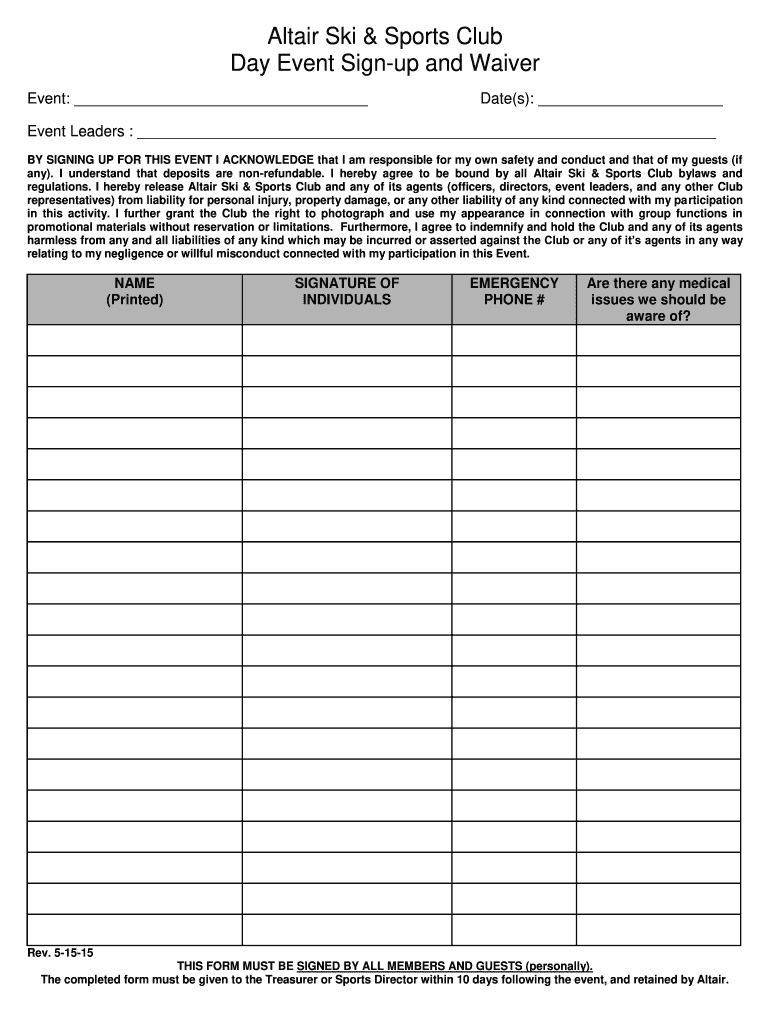  Altair Ski & Sports Club Trip & Event Sign Up Sheet  Altairsports 2015-2024