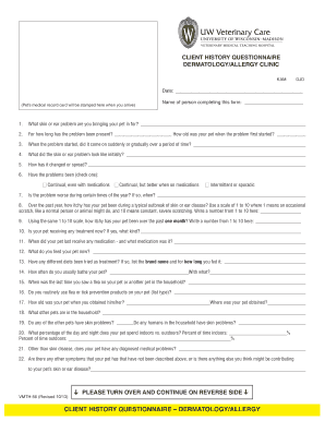 Client History Questionnaire Dermatologyallergy University of Uwveterinarycare Wisc  Form