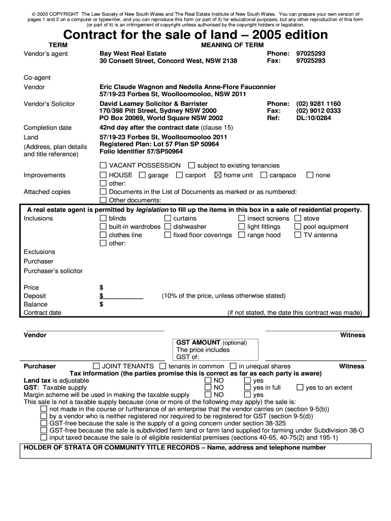 Contract for Sale of Land Edition LL NSW Houses Australia  Form