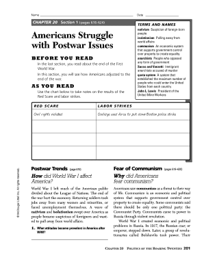 Chapter 20 Section 1 American Struggle with Postwar Issues Answer Key  Form