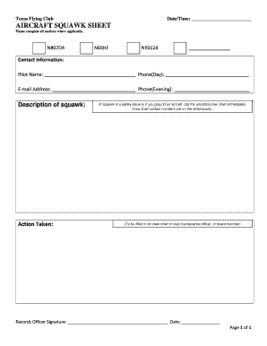 Aircraft Squawk Sheet  Form