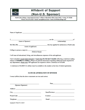 Affidavit of Support Non U S Sponsor North Lake College Northlakecollege  Form