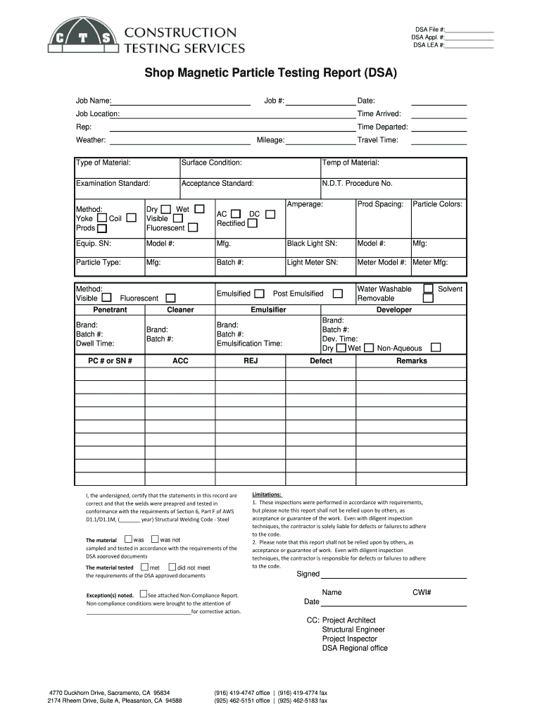 Shop Magnetic Particle Testing Report DSA  Form