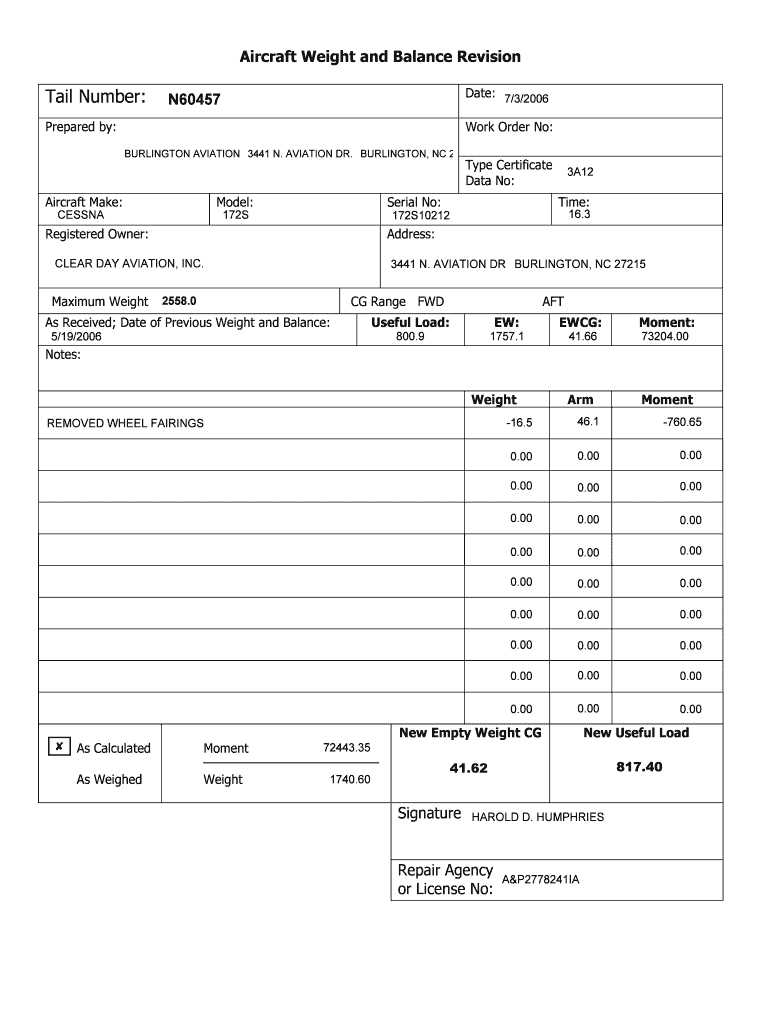 Aircraft Weight and Balance Revision  Form