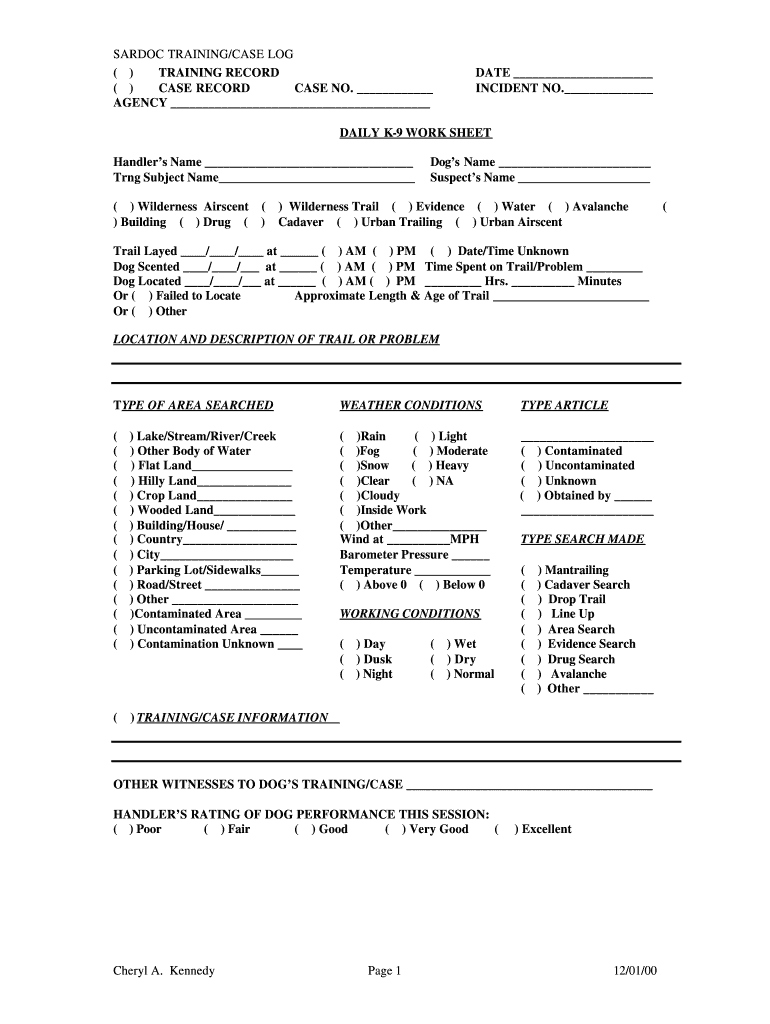 BLANK K 9 TRAINING CASE RECORDdoc Sardoc  Form