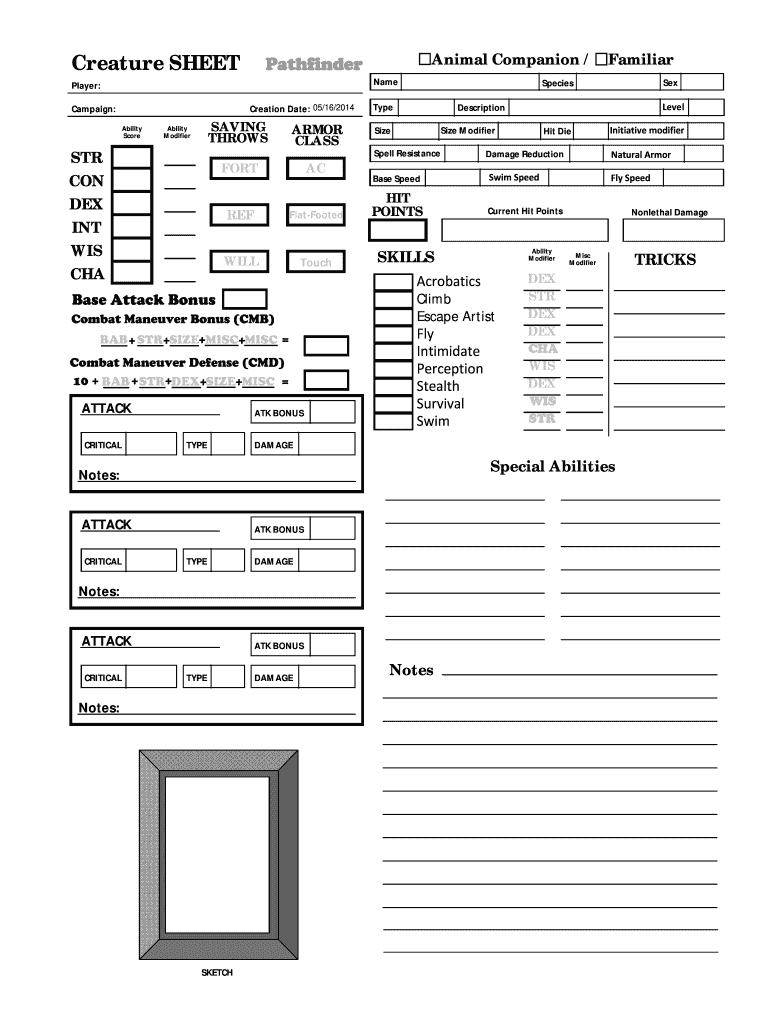 Pathfinder 2e Familiar Sheet  Form