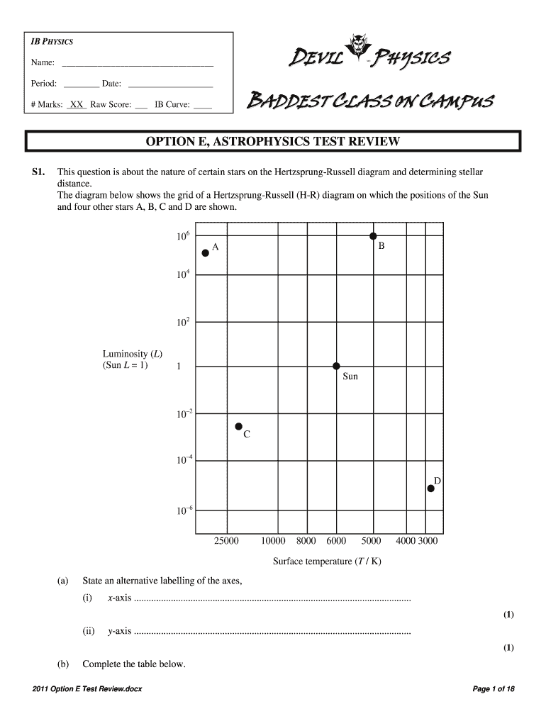  IB PHYSICS DEVIL Name Period Date # Marks XX Raw Score PHYSICS BADDEST CLASS on CAMPUS IB Curve OPTION E, ASTROPHYSICS TES 2011-2024