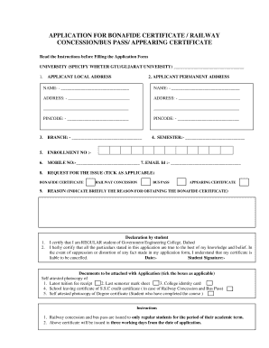 Application for Bonafide Certificate for Railway Pass  Form