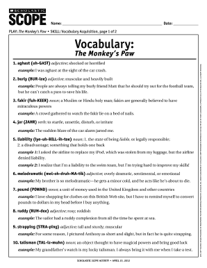 The Monkey&#039;s Paw&#039;&#039; Vocabulary PDF  Form