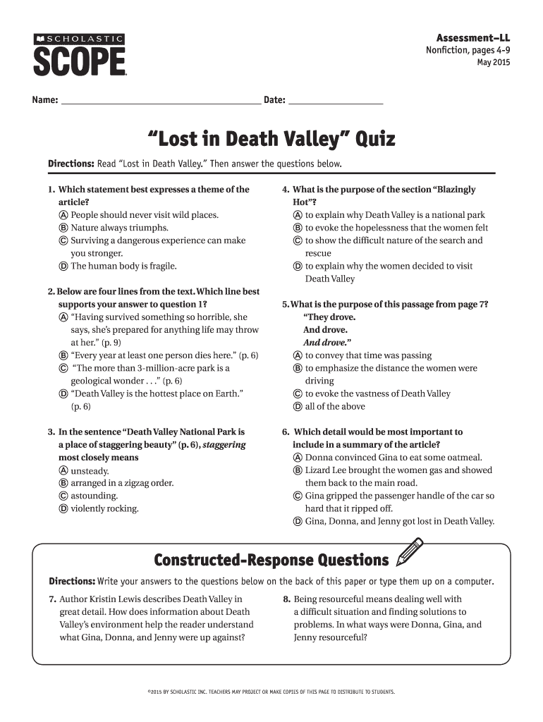 Lost in Death Valley Scholastic Scope  Form
