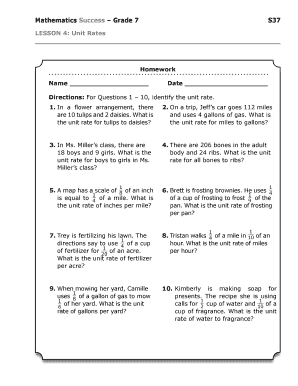 Mathematics Success Grade 7 S37 LESSON 4 Unit Rates Homework Name Date Directions for Questions 1 10, Identify the Unit Rate  Form
