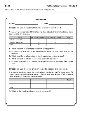 S444 Mathematics Success Grade 8 LESSON 33 Bivariate Data and Relative Frequency Homework Name Date Directions Use the Data Tabl  Form