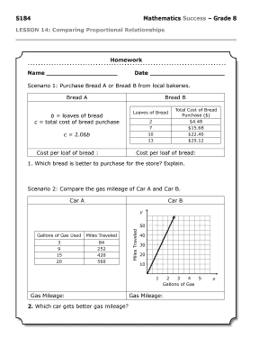 S184 Mathematics Success Grade 8 LESSON 14 Comparing Proportional Relationships Homework Name Date Scenario 1 Purchase Bread a O  Form