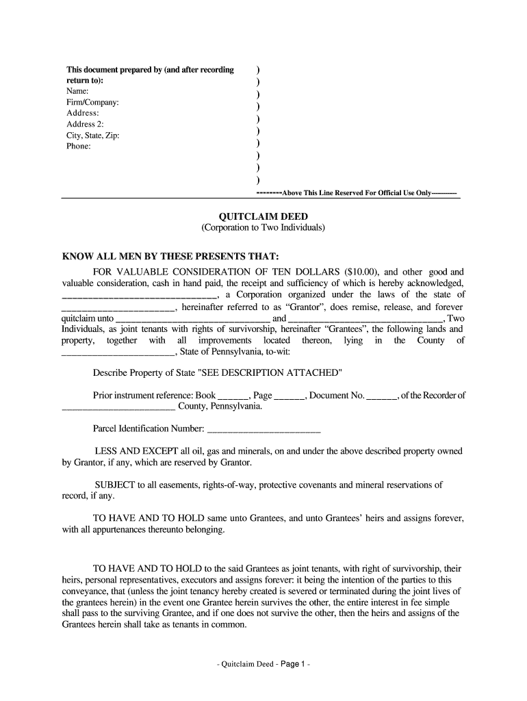 Quit Claim Deed Form Pa