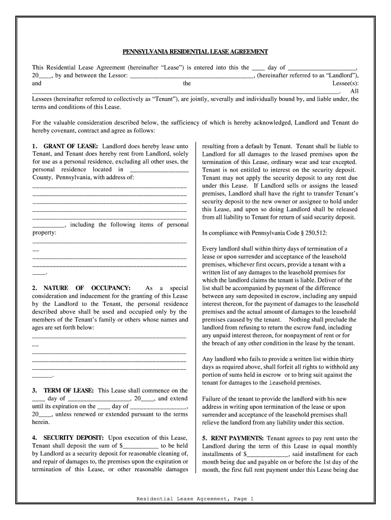 Pennsylvania Residential Rental Lease Agreement  Form