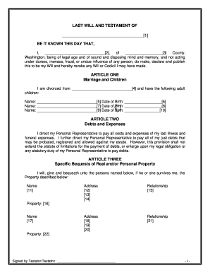 Washington Legal Last Will and Testament Form for Divorced Person Not Remarried with Adult Children