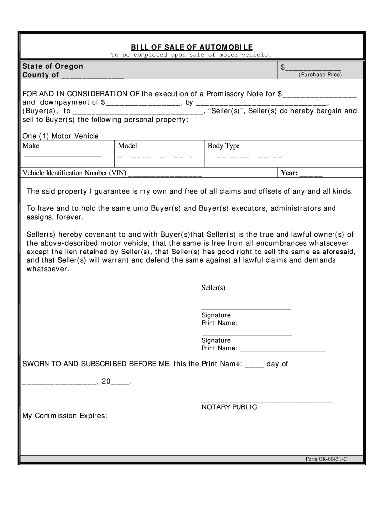 Bill of Sale Oregon  Form